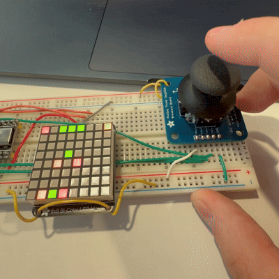 STM32 Snake game running on an 8 by 8 LED matrix with joystick control