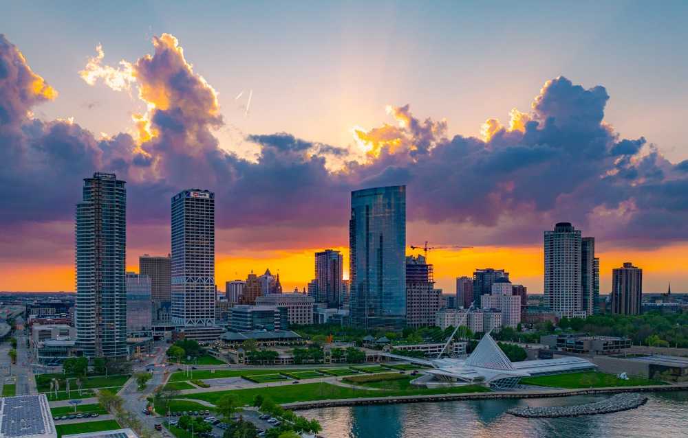 Milwaukee skyline at sunset